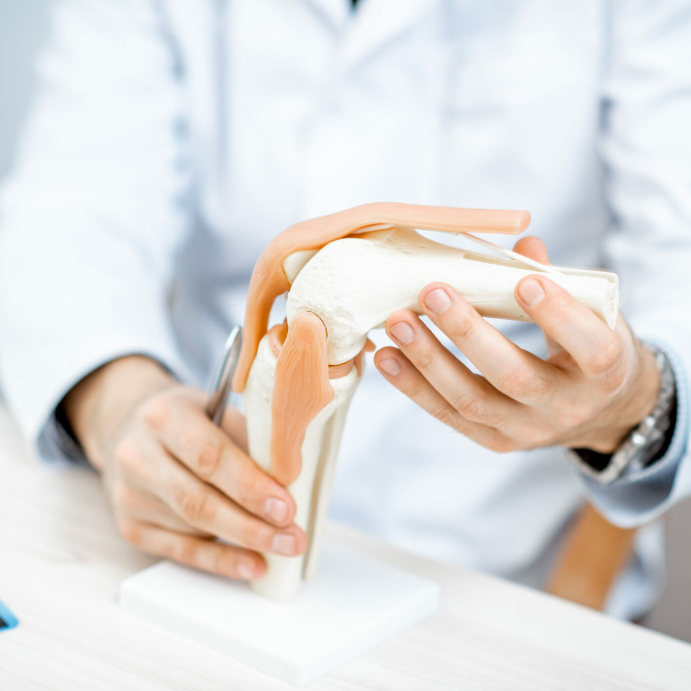 Close-up of the therapist showing knee joint model during the medical consultation